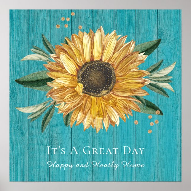 Poster Ouro Russo Girassol Teal Azul Celeiro Madeira (Frente)
