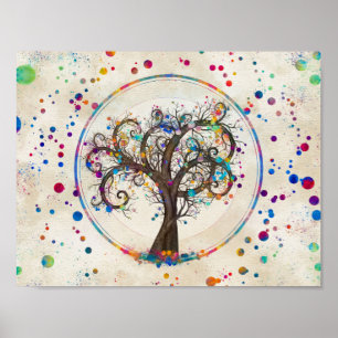 Poster Ouro Spiral Tree Color Paint Splatter #