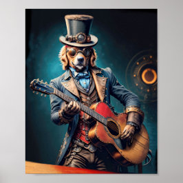 Poster Ouro Steampunk Retriever tocando violão