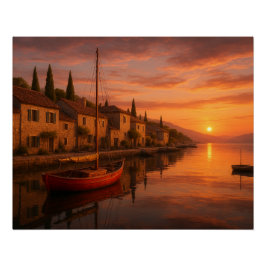 Póster Ouro Sunset Sobre Vila Costeira