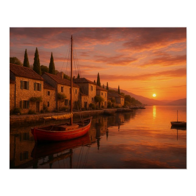 Póster Ouro Sunset Sobre Vila Costeira (Frente)