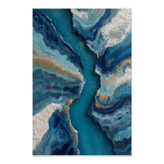Póster Ouro Veia Azul Profundo Abstrato Oceano (Frente)