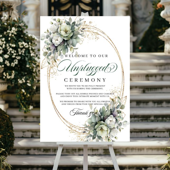 Poster Ouro Verde Botânico Cerimônia de Casamento Descone (Botanical Green Gold Unplugged Ceremony Wedding Poster)