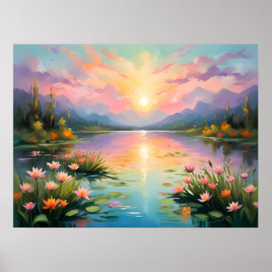 Poster Ouro Vibrante, Sunset Sobre Lago Tranquilo
