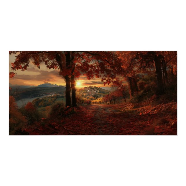 Póster Ouro Vineyard Path - Piemonte Landscape Poster (Frente)