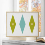 Poster Ouros Amarelos Verdes Azul-Azul-Azul-Azul<br><div class="desc">Esse poster moderno do século médio apresenta três grandes diamantes com duas estrelas no centro,  numa combinação das cores azul-aqua,  verde-abacado e amarelo. Isso faria uma adição divertida às suas paredes!</div>
