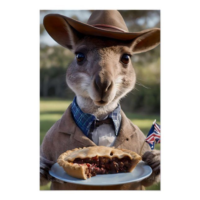 Póster "Outback Delight: Um Canguru come carne Aussie (Frente)