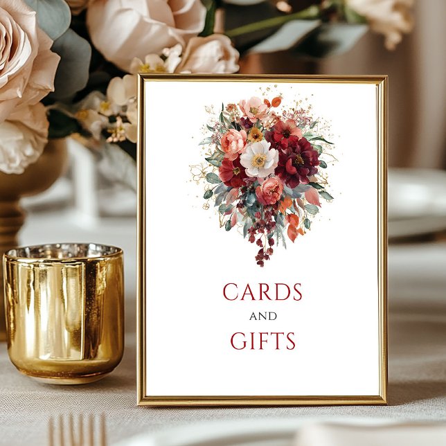 Poster Outono Boho Cartões e Presentes Marrom Mesa (Autumn Boho Maroon Flowers Cards And Gifts Tabletop)