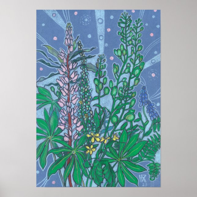 Poster Outono Buquê Bluebonnet Wildflower Sketch (Frente)