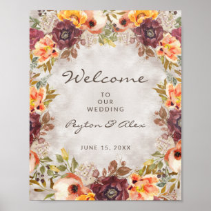Poster Outono Floral Laranja Borgonha Casamento Bem-vindo