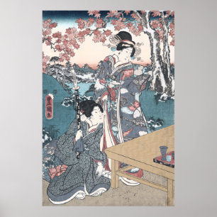 Poster Outono japonês Ukiyo-e Momijigari nenhum himegimi