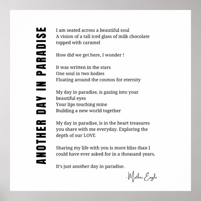 Poster Outro dia no paraíso poema arte em paredes brancas (Frente)