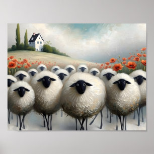 Poster Ovelha Adorável Campo de Papoulas e uma Casa