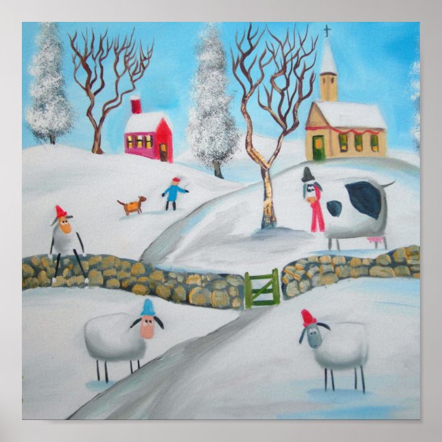 Póster ovelha vaca cena de neve de inverno ingênua arte p (Frente)