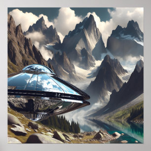 Poster OVNI de metal brilhante nas montanhas