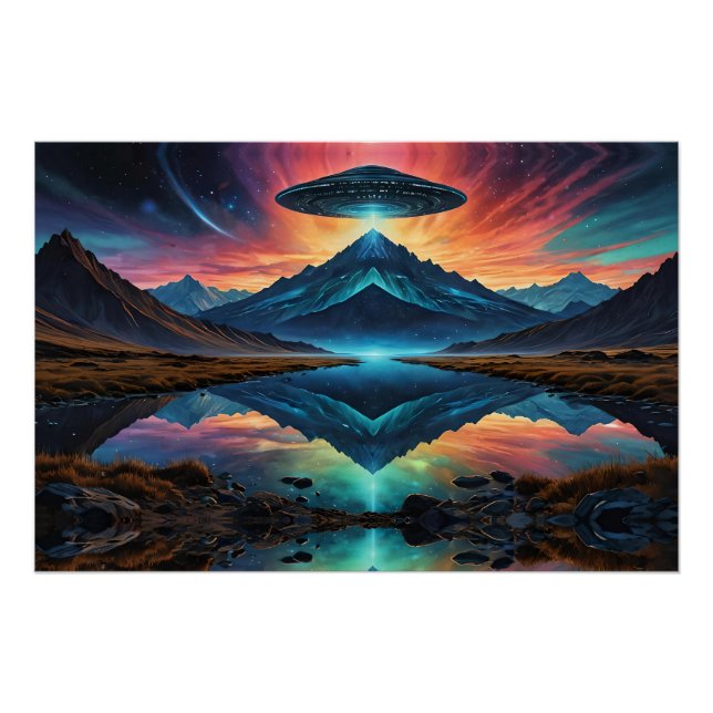 Póster OVNI paira sobre Montanhas Coloridas e Lago (Frente)