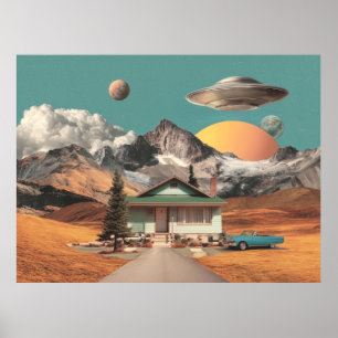 Poster OVNI Surrealista Sobre Casa Rústica