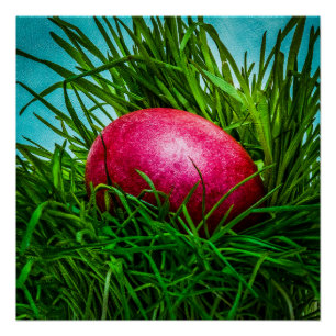 Póster Ovo da páscoa vermelho na grama