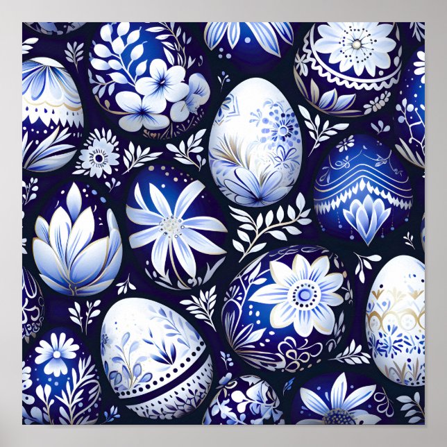 Poster Ovo de Páscoa Azul Escandinavo Floral de Primavera (Frente)