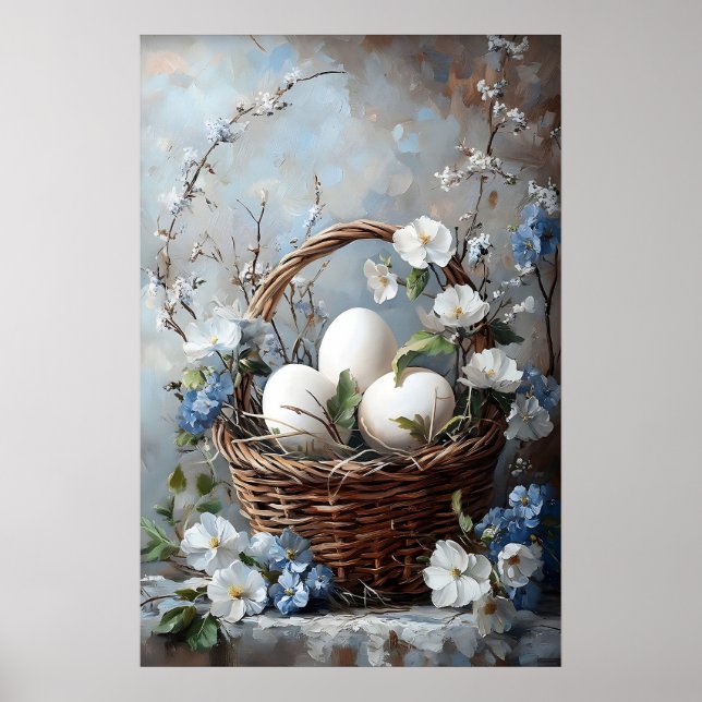 Poster Ovos de Páscoa Antigos Cesta de Flores Impressão,  (Frente)