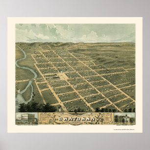 Poster Owatonna, mapa panorâmico do manganês - 1870