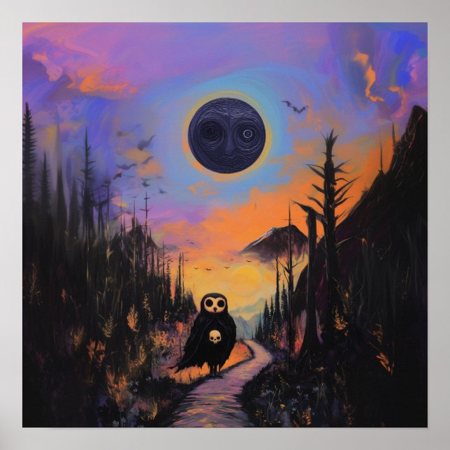 Poster Owl Skull Black Moon Witchy AI Art Match Valor (Frente)