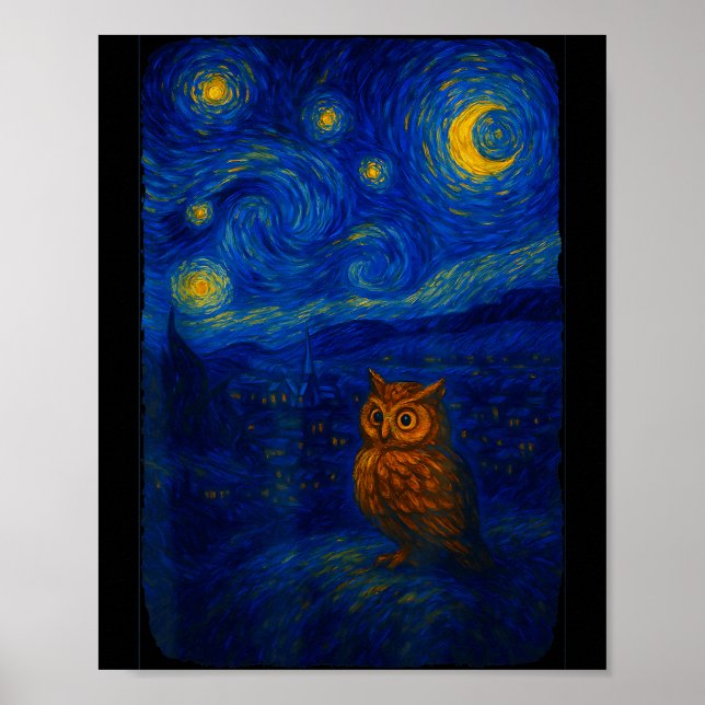 Poster Owl Starry Cute Night Van Gogh Owl Bird Lovers Wom (Frente)