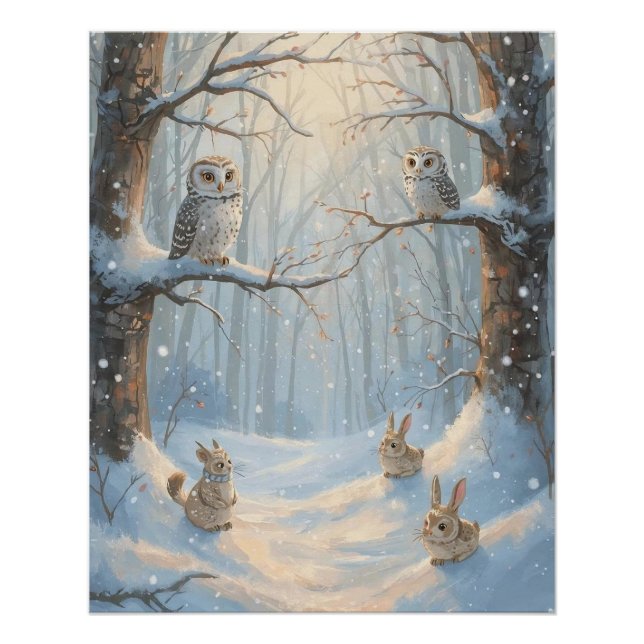 Póster Owls, Rabbits, and Woodland in the Snow Poster (Frente)
