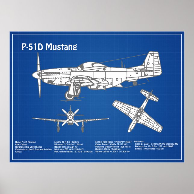 Poster P-51D Mustang - Airplane Blueprint ABD (Frente)
