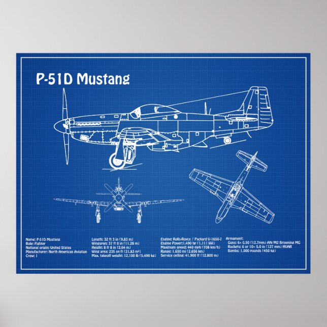 Poster P-51D Mustang - Airplane Blueprint AD (Frente)