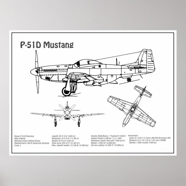 Poster P-51D Mustang - Airplane Blueprint BD (Frente)