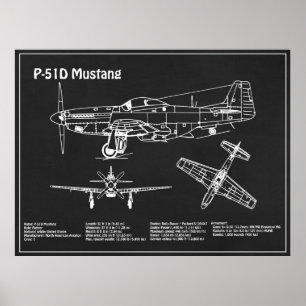 Poster P-51D Mustang - Avião Blueprint PD