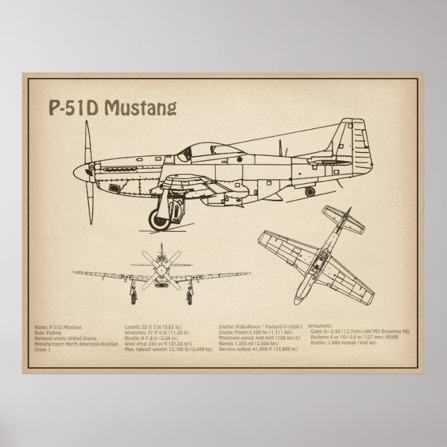 Poster P-51D Mustang - Avião Blueprint SD (Frente)