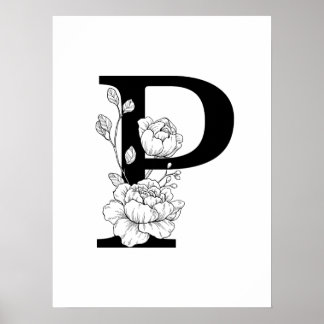 Poster P monograma botânico. Letra inicial com peônias