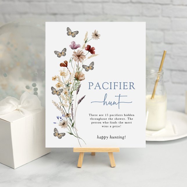 Poster Pacificador de flor selvagem azul (Dusty Blue Wildflower Pacifier Hunt Game Poster with Butterflies by Painted Paperie
)