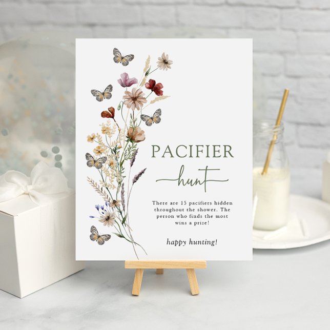 Poster Pacificador de flor selvagem verde (Sage Green Wildflower Pacifier  Hunt Game Poster with Butterflies by Painted Paperie
)