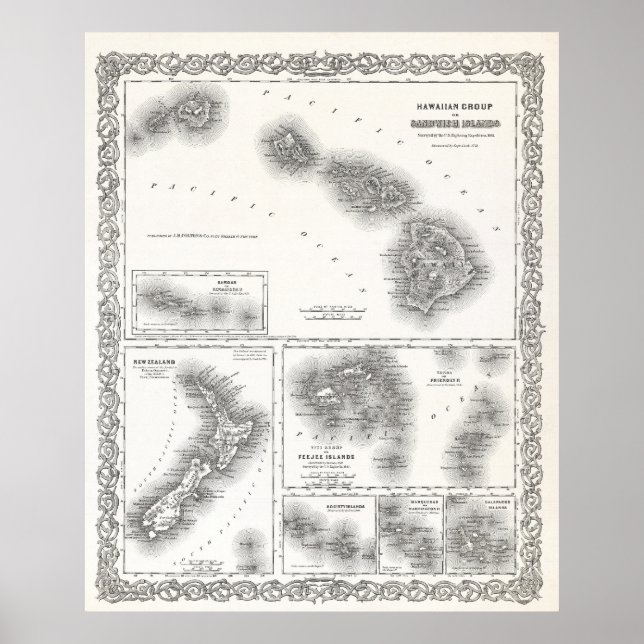 POSTER PACÍFICO DO SUL E ILHAS HAWAII MAPA 1855 (Frente)