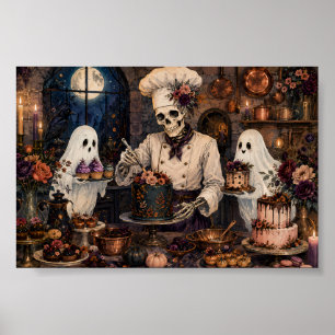 Poster Padaria Chef Esqueleto Gótico Arte Fantasma Whimsi