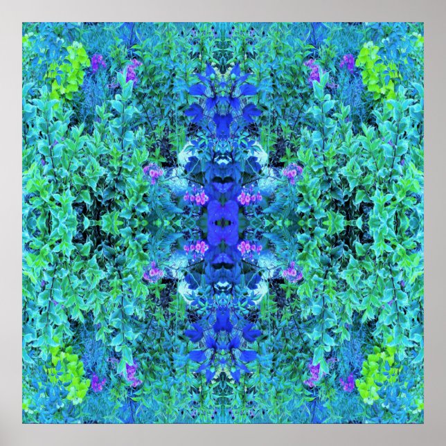 Poster Padrão Abstrato de Folhagem em Chartreuse e Azul (Frente)