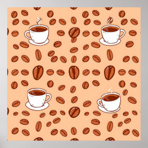 Poster Padrão Aconchegante de Xícaras de Grãos de Café