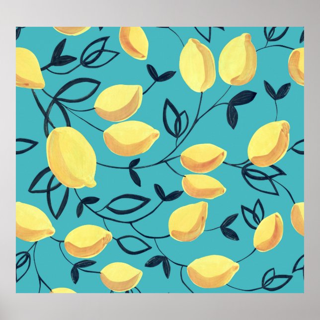 Poster Padrão amarelo de guache em turquesa. (Frente)
