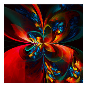 Póster Padrão Azul Laranja-Abstrato Floral Moderno #14