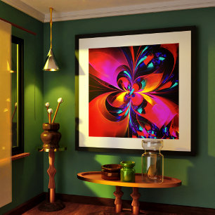 Poster Padrão Azul Vermelho Abstrato Floral Moderno #07