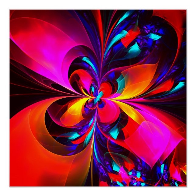Póster Padrão Azul Vermelho Abstrato Floral Moderno #07 (Frente)