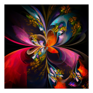 Póster Padrão Azul Vermelho Abstrato Floral Moderno #13