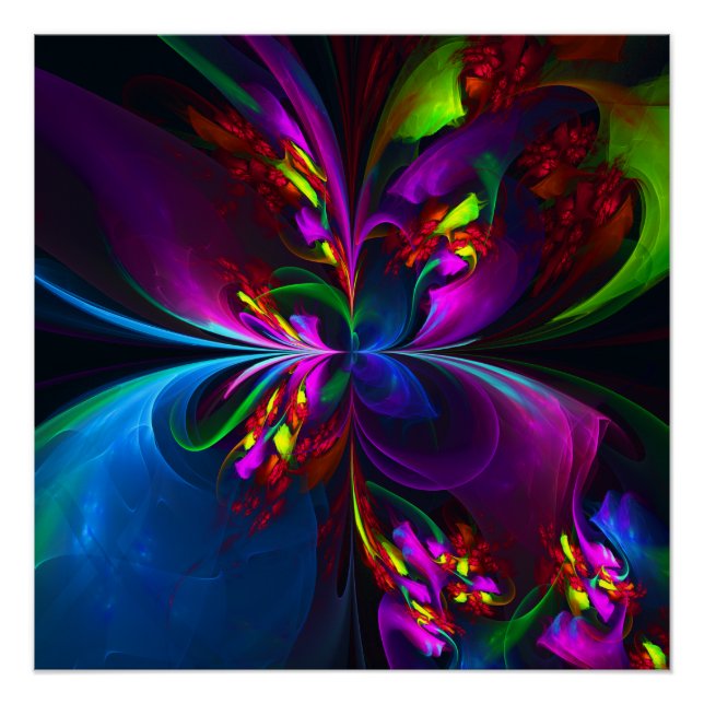 Póster Padrão Azul Vermelho Abstrato Floral Moderno #15 (Frente)