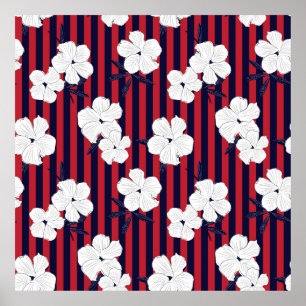 Poster Padrão botânico floral vermelho e azul sem costura