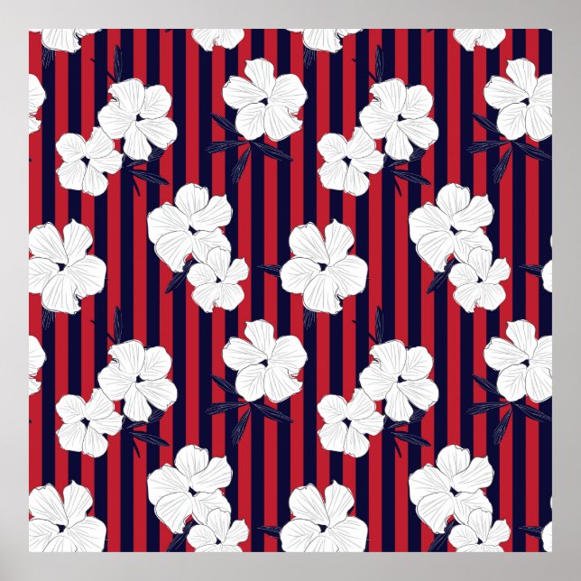 Poster Padrão botânico floral vermelho e azul sem costura (Frente)