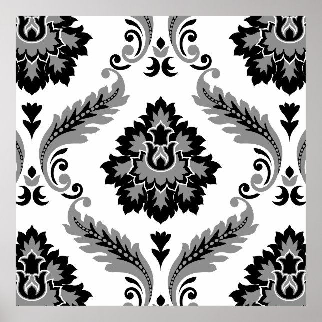 Poster Padrão Cinza Preto Branco Rococó Damasko Grande (Frente)