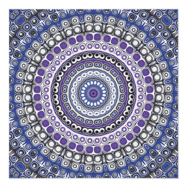 Póster Padrão Circular Geométrico Mandala Azul e Roxo (Frente)
